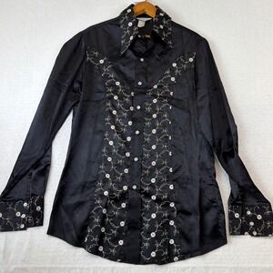 Vintage Larry Mahan Mens Black Satin Embroidered Western Shirt ML Long